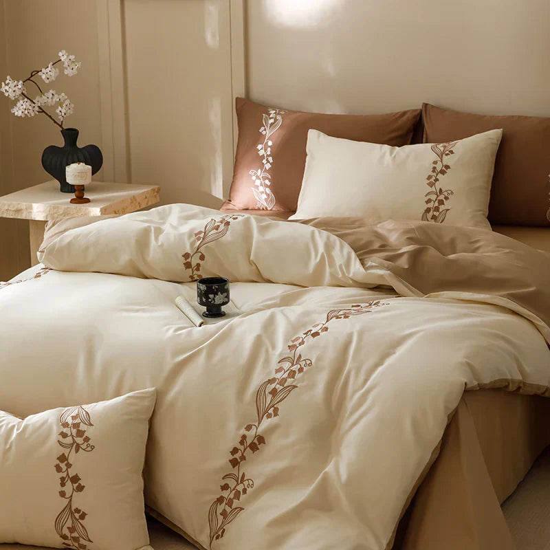 DecorBites™ Elegant Lily of the Valley Embroidery Brown Cotton Bedding Set