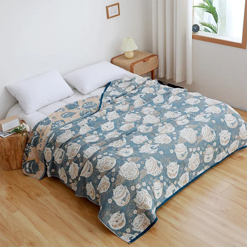 DecorBites™ Cartoon Cat Summer Quilt - 100% Cotton Leisure Blanket