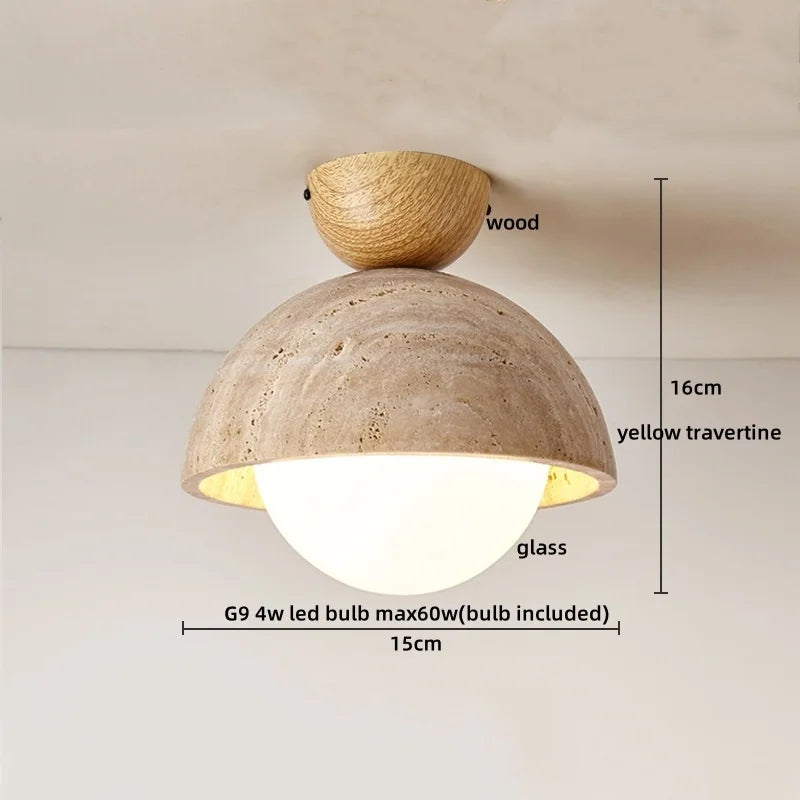 DecorBites™ Acrylic LED Ceiling Lamp Yellow Travertine Wood Canopy Wabi Sabi Style