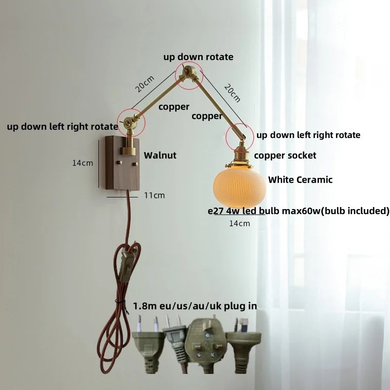 DecorBites™ Ceramic Ball Brass Walnut Wood Wall Light with Pull Chain Switch