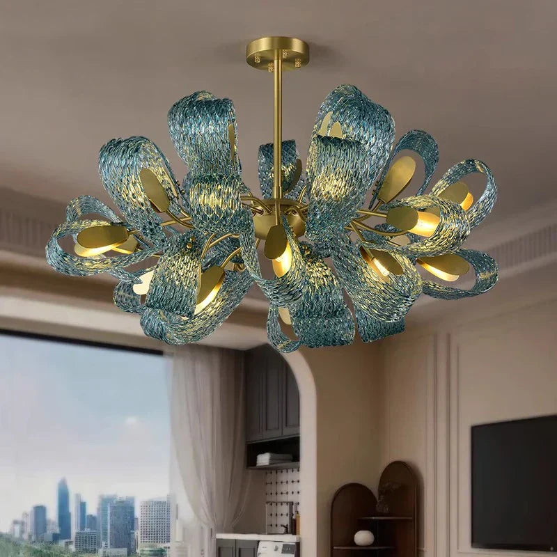 DecorBites™ Blue Glass Flower Ceiling Chandelier Copper Hanging Lamps