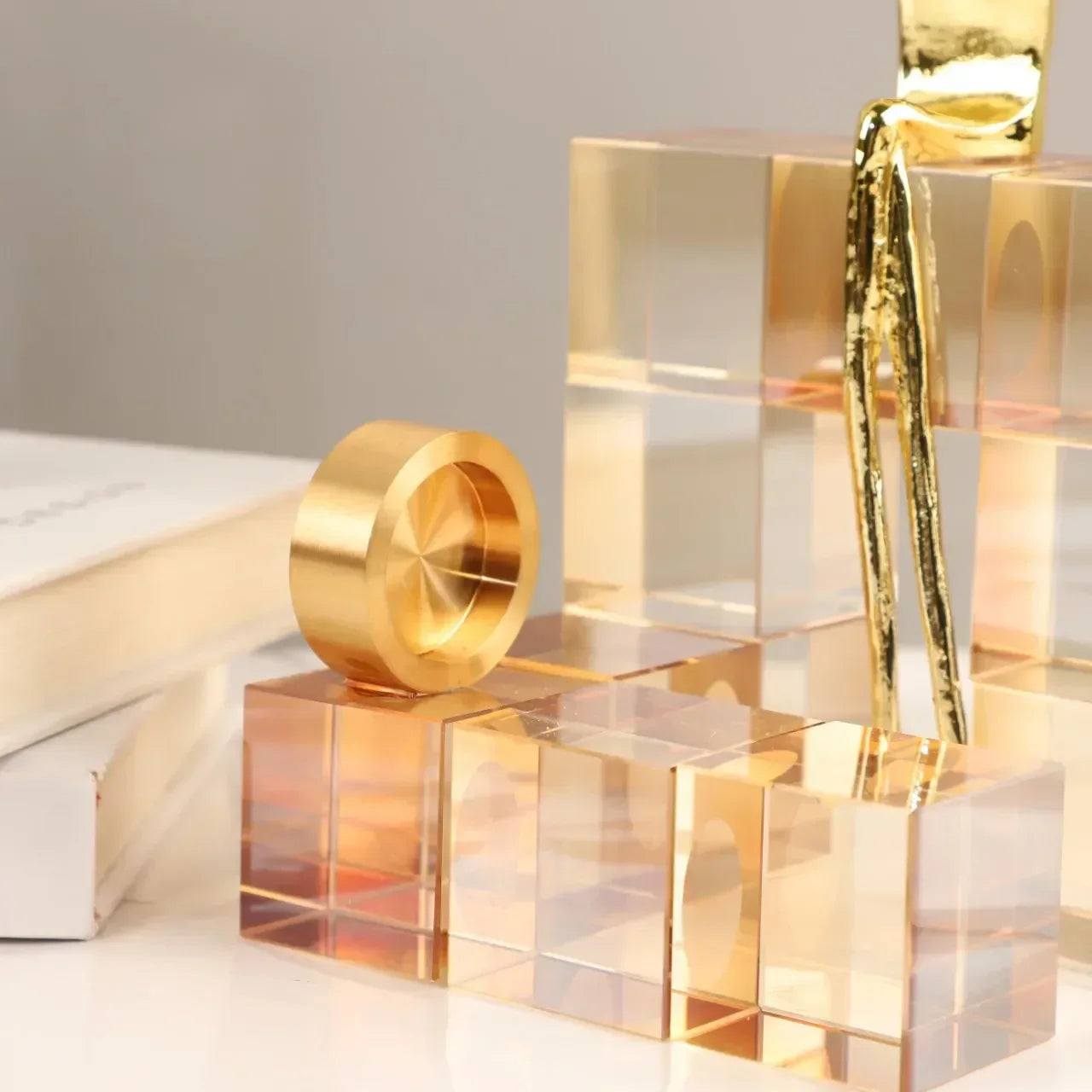 DecorBites™ Geometric Stair Crystal Ornament Metal Gold Sculpture