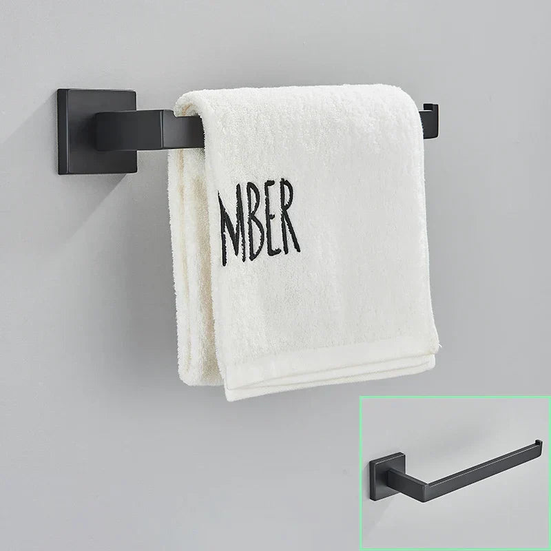 DecorBites™ Black Bathroom Hardware Set: Robe Hook, Towel Rail, Shelf, Tissue Holder