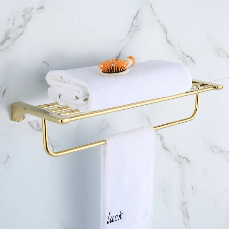 DecorBites™ Gold Bathroom Hardware Set: Towel Rack, Shelf, Paper Holder, Towel Holder, Toilet Brush Holder
