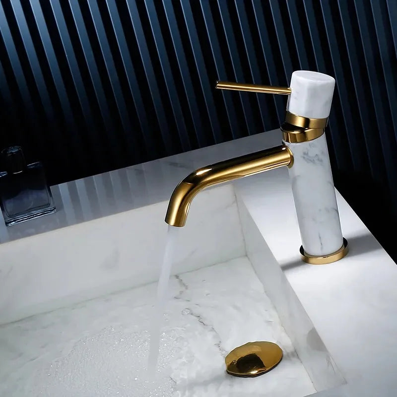 DecorBites™ Brushed Gold Bathroom Faucet with Swivel Spout and Marble Accents