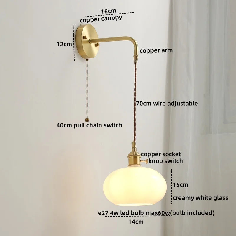 DecorBites™ Copper Ceramic LED Wall Light Pull Chain Switch Modern Bedroom Lamp