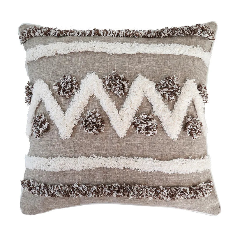 DecorBites™ Boho Style Tufted Cushion Cover with Tassel, Gray Embroidery, 45x45cm