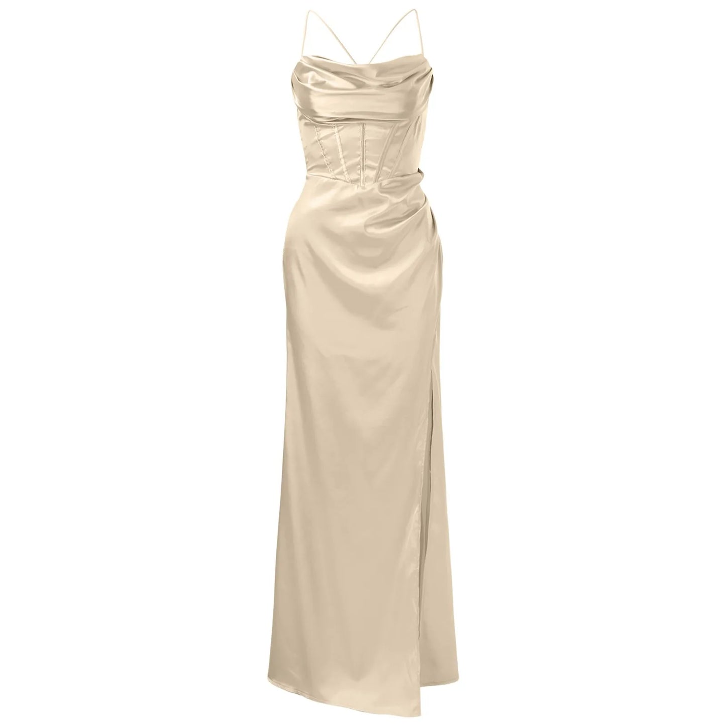 Spaghetti Strap Satin Corset Fishbone Push Up Bodycon Party Long Dress