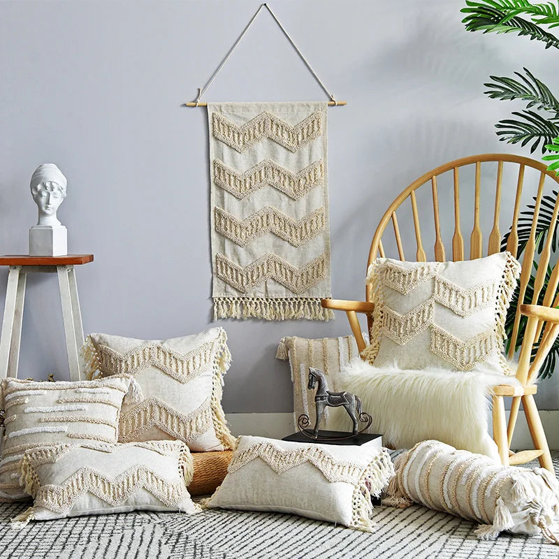 DecorBites™ Boho Nordic Tassel Pillow Case - Beige Cotton Linen Cushion Cover
