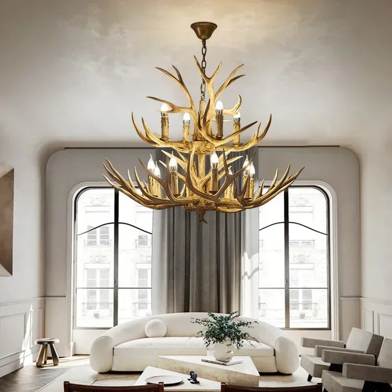 DecorBites™ Antler Deer Chandelier: Rustic Resin Hanging Lamp for Living Room & Loft