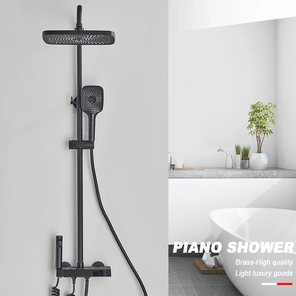 DecorBites™ Black Piano Digital Shower System with Intelligent Brass Faucets and White Rainfall Shower