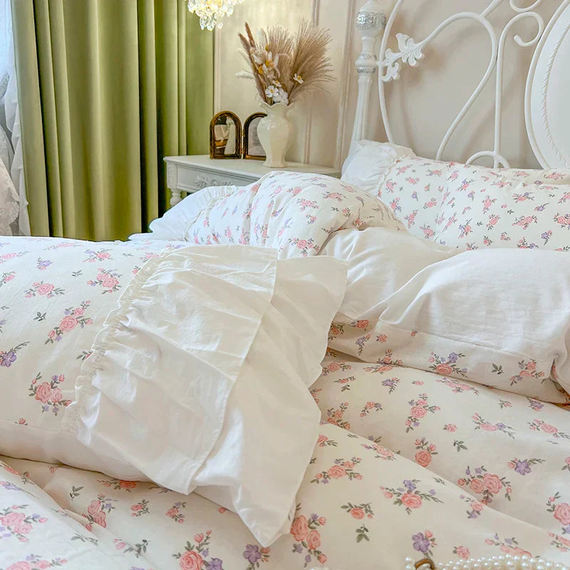 DecorBites™ Cotton Floral Print Bedding Set with Pleat Lace Ruffles, 4-Piece Ensemble