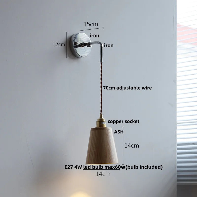 DecorBites™ Ash Wood LED Wall Light with Pull Chain Switch – Japanese Style Bedside Lamp