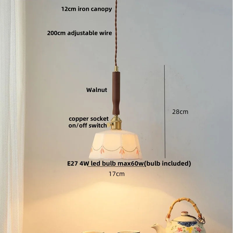 DecorBites™ Ceramic Walnut Wood Pendant Light Fixture - Adjustable LED Lamparas for Study Aisle