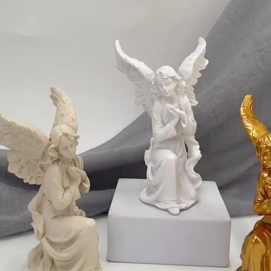 DecorBites™ Angel Figurine White Gold Resin Sculpture Collectible Statue Home Decor