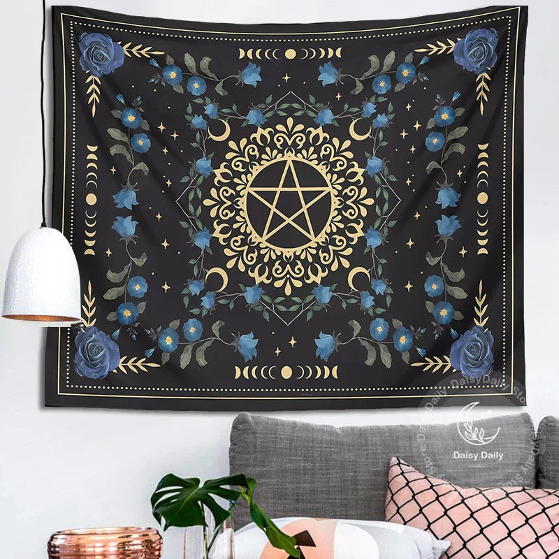 DecorBites™ Blue Rose Moon Floral Tapestry Wall Hanging Botanical Tarot Mat