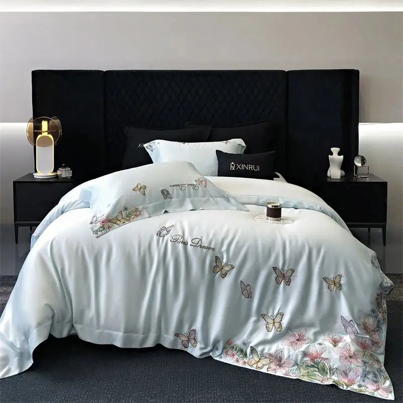 DecorBites™ Butterfly Flowers Embroidery Bedding Set: Silky Soft Eucalyptus Fiber Duvet Cover