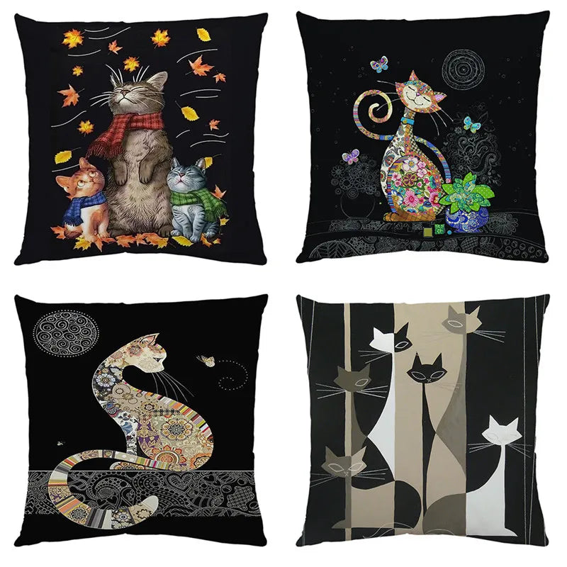 DecorBites™ Cat Print Black Short Plush Pillowcase for Modern Living Room Décor