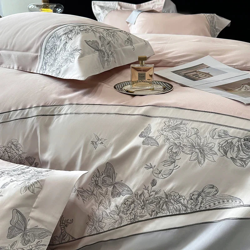 DecorBites™ Luxe Butterfly Flowers Embroidery Bedding Set with Duvet Cover Sheet Pillowcases 4Pcs