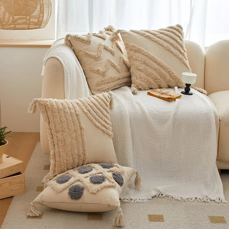 DecorBites™ Geometric Tufted Tassel Cushion Cover Cotton Canvas Fall Pillow Cover