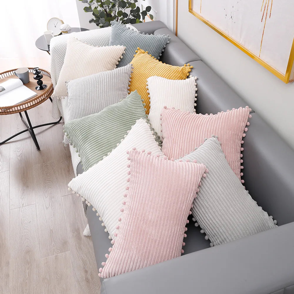 DecorBites™ Corduroy Pompom Cushion Cover 45x45 for Sofa Living Room