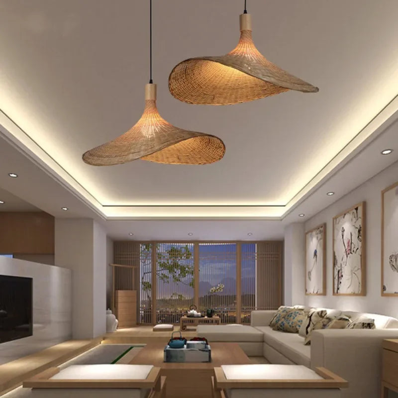 DecorBites™ Bamboo Pendant Chandelier: Handcrafted LED Rattan Hanging Light for Indoor Living Room