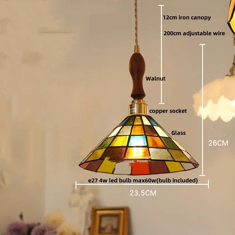 DecorBites™ Colorful Glass Magic Cube LED Pendant Lights Tiffany Style Wood Hang Lamp