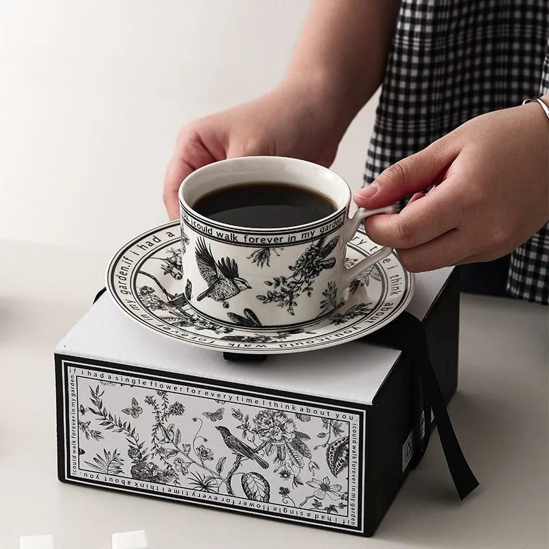 DecorBites™ Black Bird Ceramic Coffee Cup and Saucer Set for English Afternoon Tea and Coffee