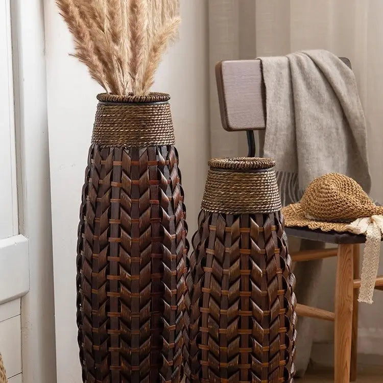 DecorBites™ Bamboo Woven Vase Rattan Flower Glass Arrangement Dried Flower Basket Living Room Decor