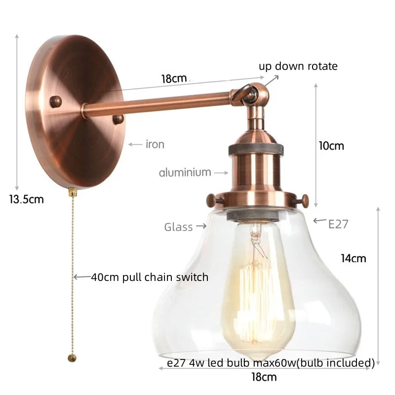 DecorBites™ Black Iron LED Wall Lights Industrial Pull Chain Switch Bedroom Dining Room Loft