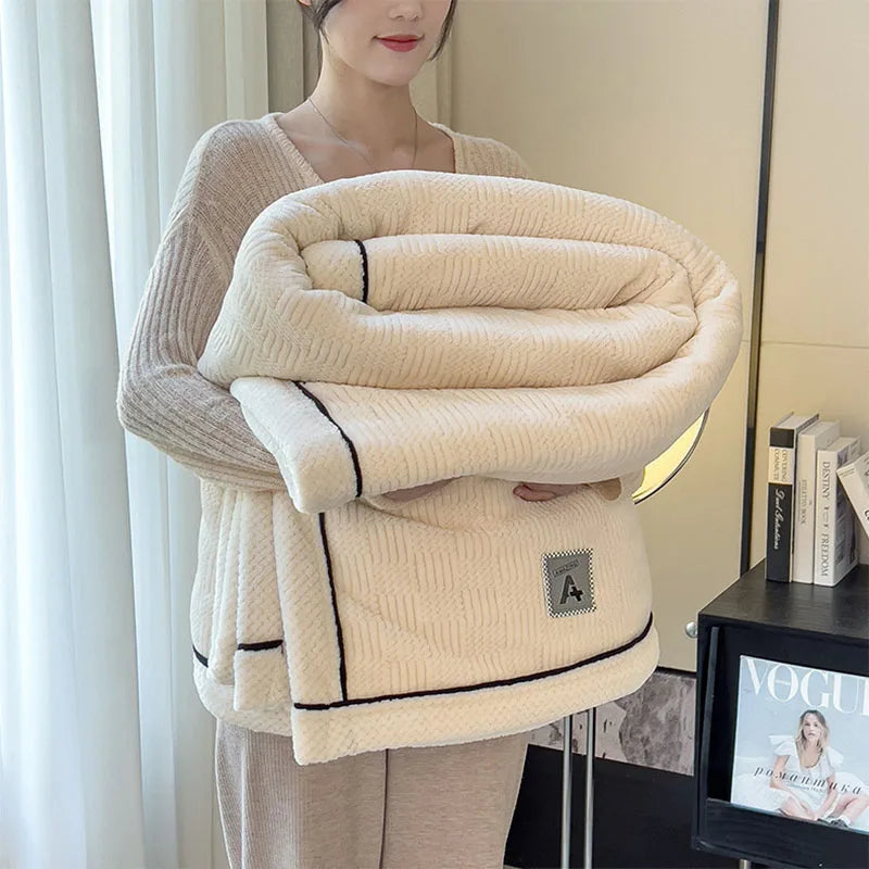 DecorBites™ Cozy Jacquard Plush Blanket - Soft Coral Fleece - All-Season - European Solid Stripes