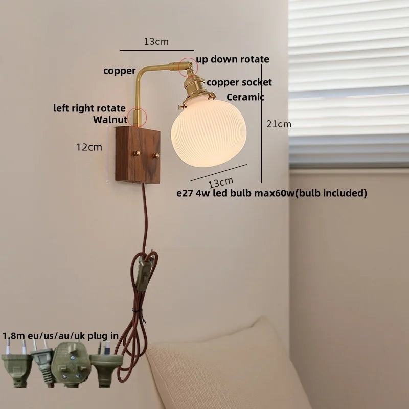 DecorBites™ Globe Ceramic Walnut Wood Wall Light with Pull Chain Switch and Rotatable Design
