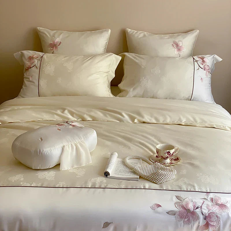 DecorBites™ Chinese Floral Embroidery Lyocell Cotton Bedding Set with Silky Softness
