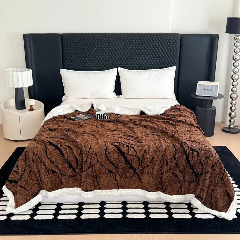DecorBites™ Leaf Jacquard Double-Layer Flannel Blanket for Sofa and Bed