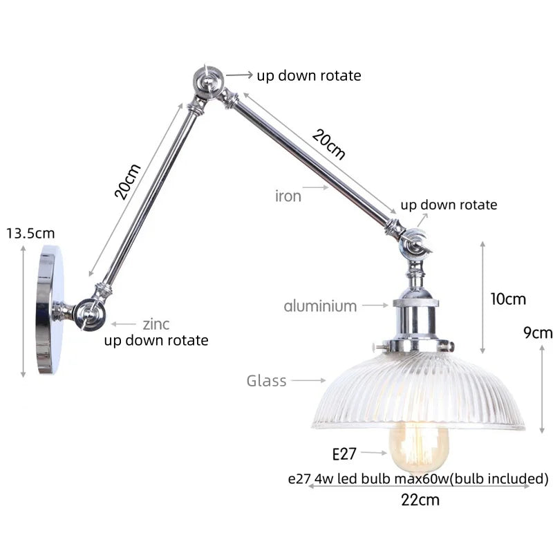 DecorBites™ Chrome Industrial LED Wall Sconce Swing Arm Clear Glass Lamp