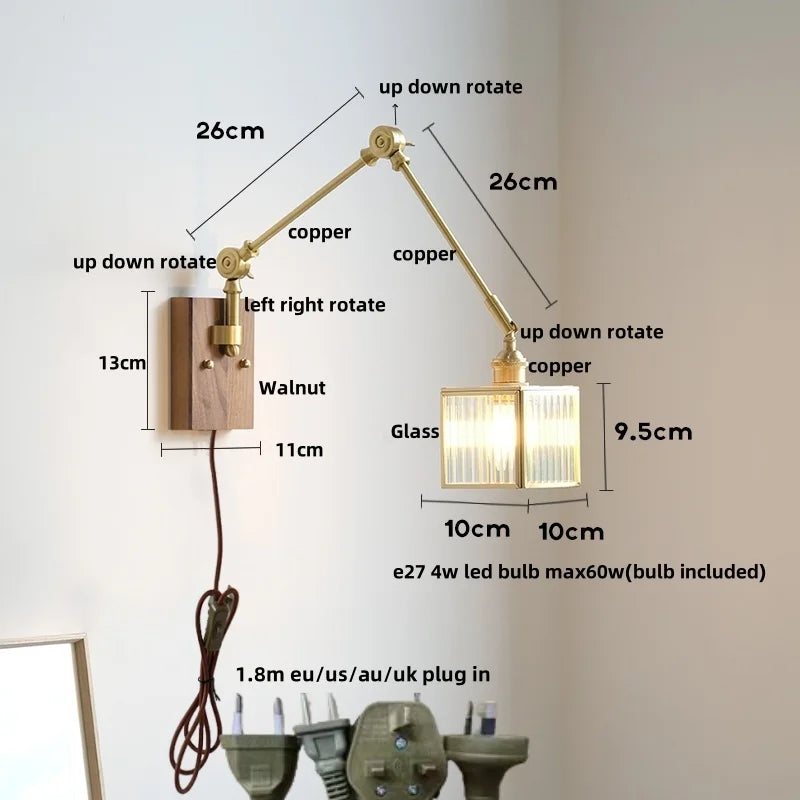 DecorBites™ Cube Glass LED Wall Sconce Walnut Wood 2 Arms Rotatable Mirror Light