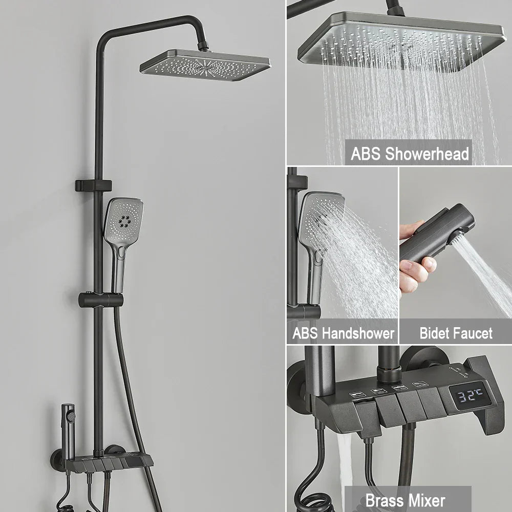 DecorBites™ Black Piano Digital Shower System with Intelligent Brass Faucets and White Rainfall Shower