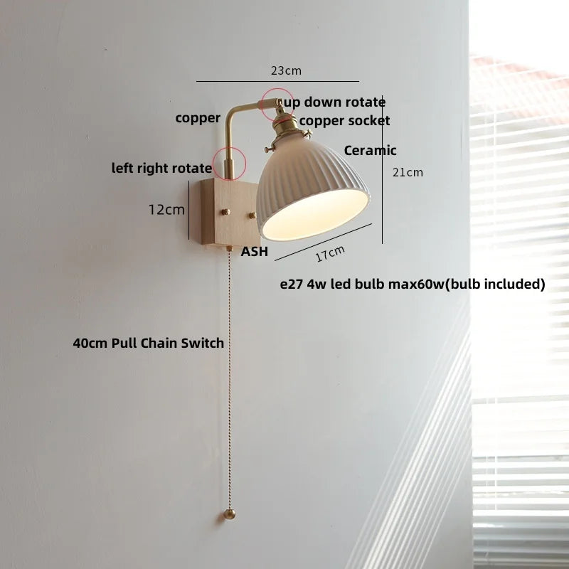 DecorBites™ Globe Ceramic Walnut Wood Wall Light with Pull Chain Switch and Rotatable Design