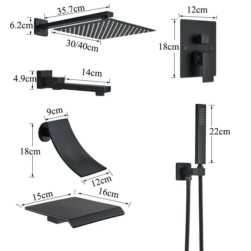DecorBites™ Black Wall Mounted Shower System with Handshower - 12/16 Inch Rainwater Faucet