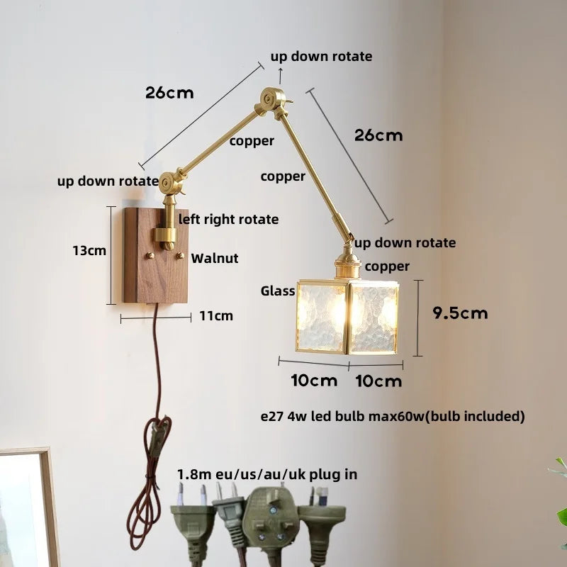 DecorBites™ Cube Glass LED Wall Sconce Walnut Wood Rotatable Mirror Light