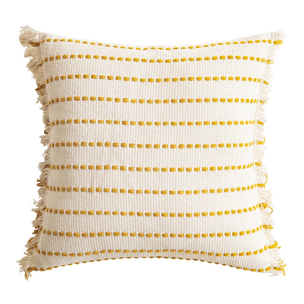 DecorBites™ Geometric Tufted Cushion Cover with Crochet Tassels - Nordic Yellow Striped Pillow Cover
