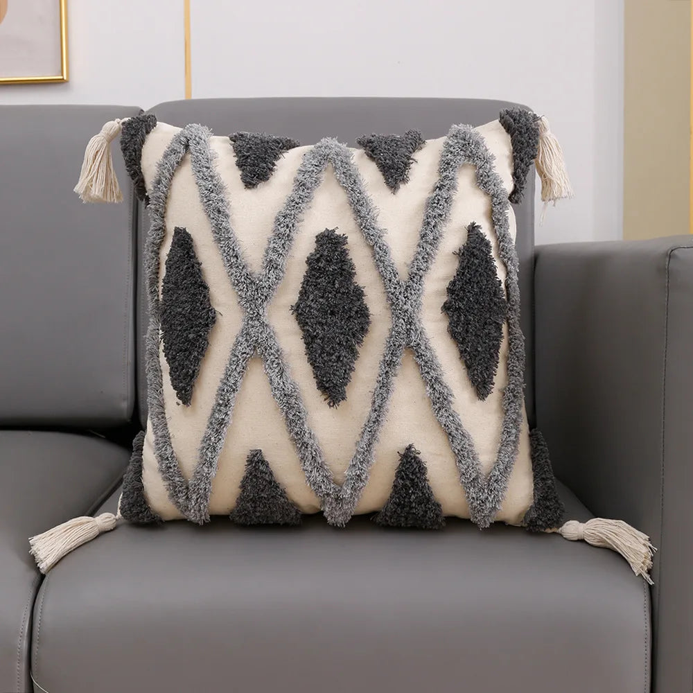 DecorBites™ Geometric Tufted Tassel Cushion Cover Cotton Canvas Fall Pillow Cover