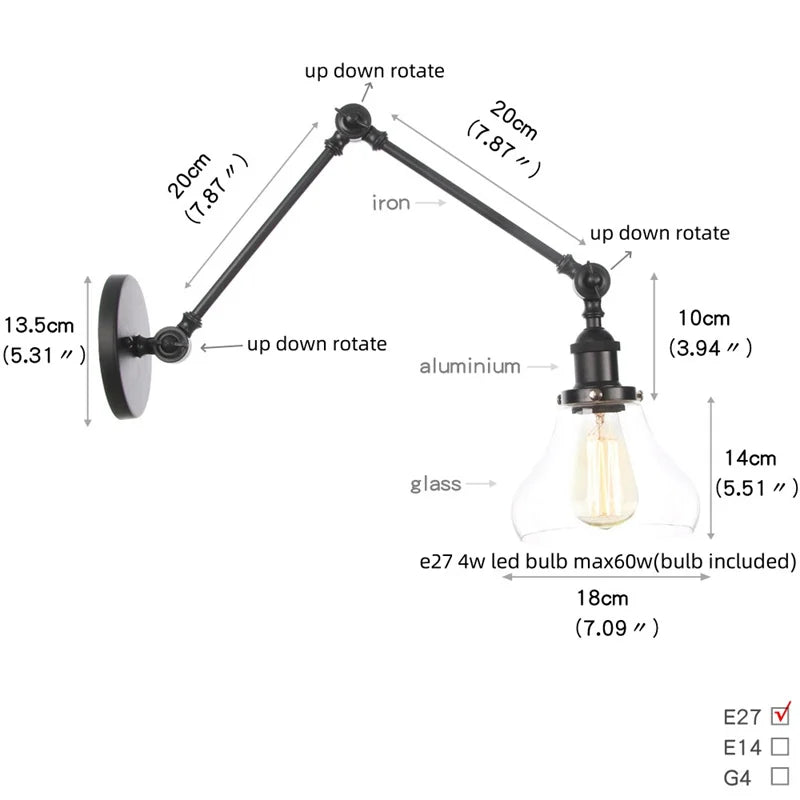 DecorBites™ Clear Glass Swing Arm Wall Light Fixture for Dining Living Room Cafe