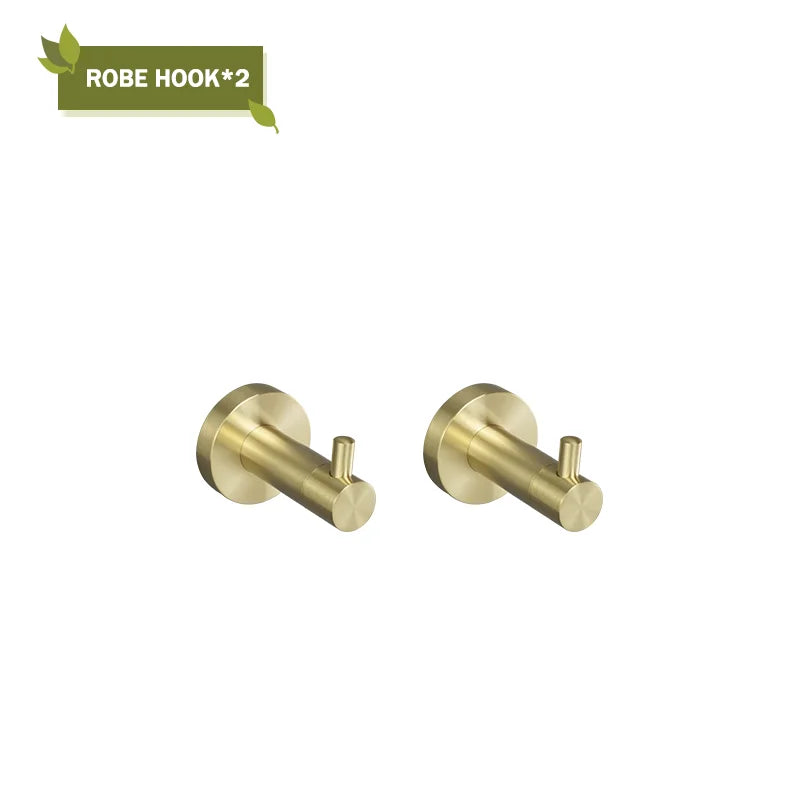 DecorBites™ Brushed Gold Bathroom Accessories Set: Wall Mount Shelf, Toilet Paper Holder, Towel Bar, Robe Hook