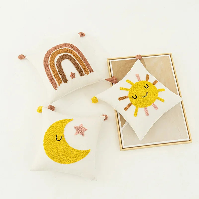 DecorBites™ Boho Yellow Rainbow Star Moon Embroidery Pillow Cover 45x45cm with Tassels