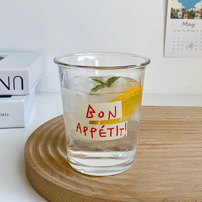 DecorBites™ 320ml Glass Tumbler Cup - French Style Bon Appetit Iced Coffee Juice Water Glass
