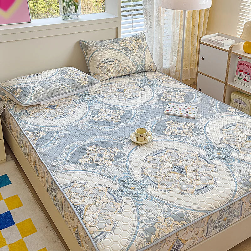 DecorBites™ Cool Silk Latex Fitted Sheet Set with Pillowcases, Summer Ice Silk, Single Double Bed
