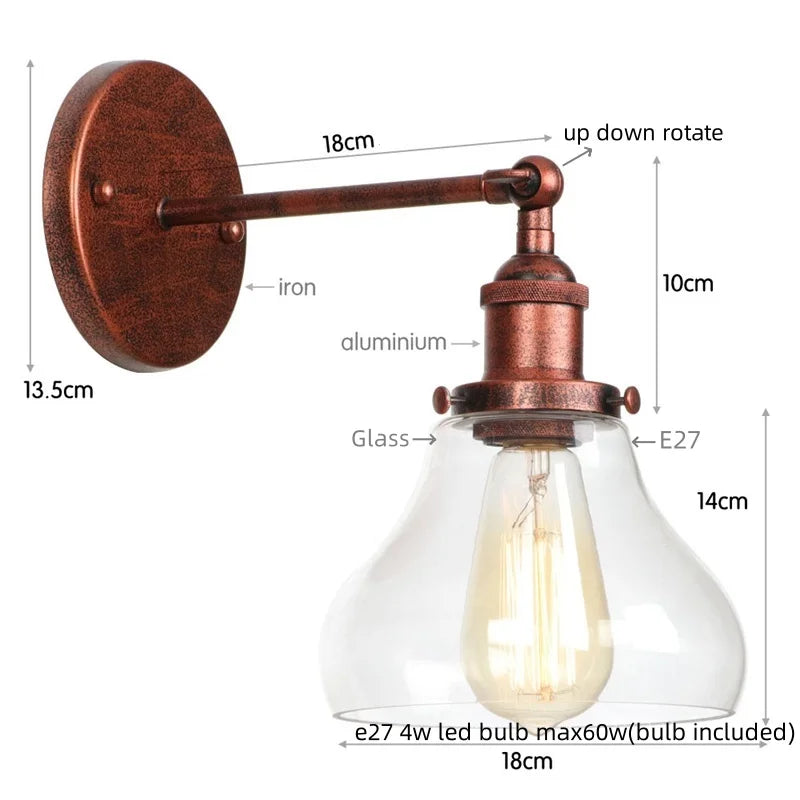 DecorBites™ Black Iron LED Wall Lights Industrial Pull Chain Switch Bedroom Dining Room Loft