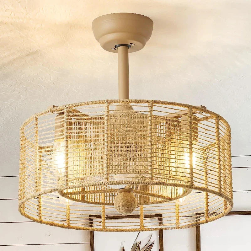 DecorBites™ Braided Rope Lantern Ceiling Fan Light: Reversible, Dimmable, 6-Speed Home Decor