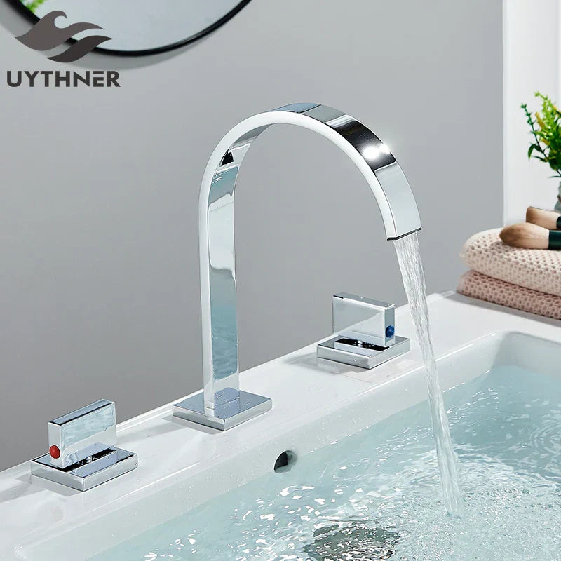DecorBites™ Dual Handle Gold Basin Faucet - Deck Mounted Hot/Cold Water Mixer Tap